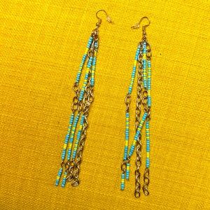 Handcrafted beaded gold tone blue yellow  earrings 💛💙 maxi 5.5” long 🆕